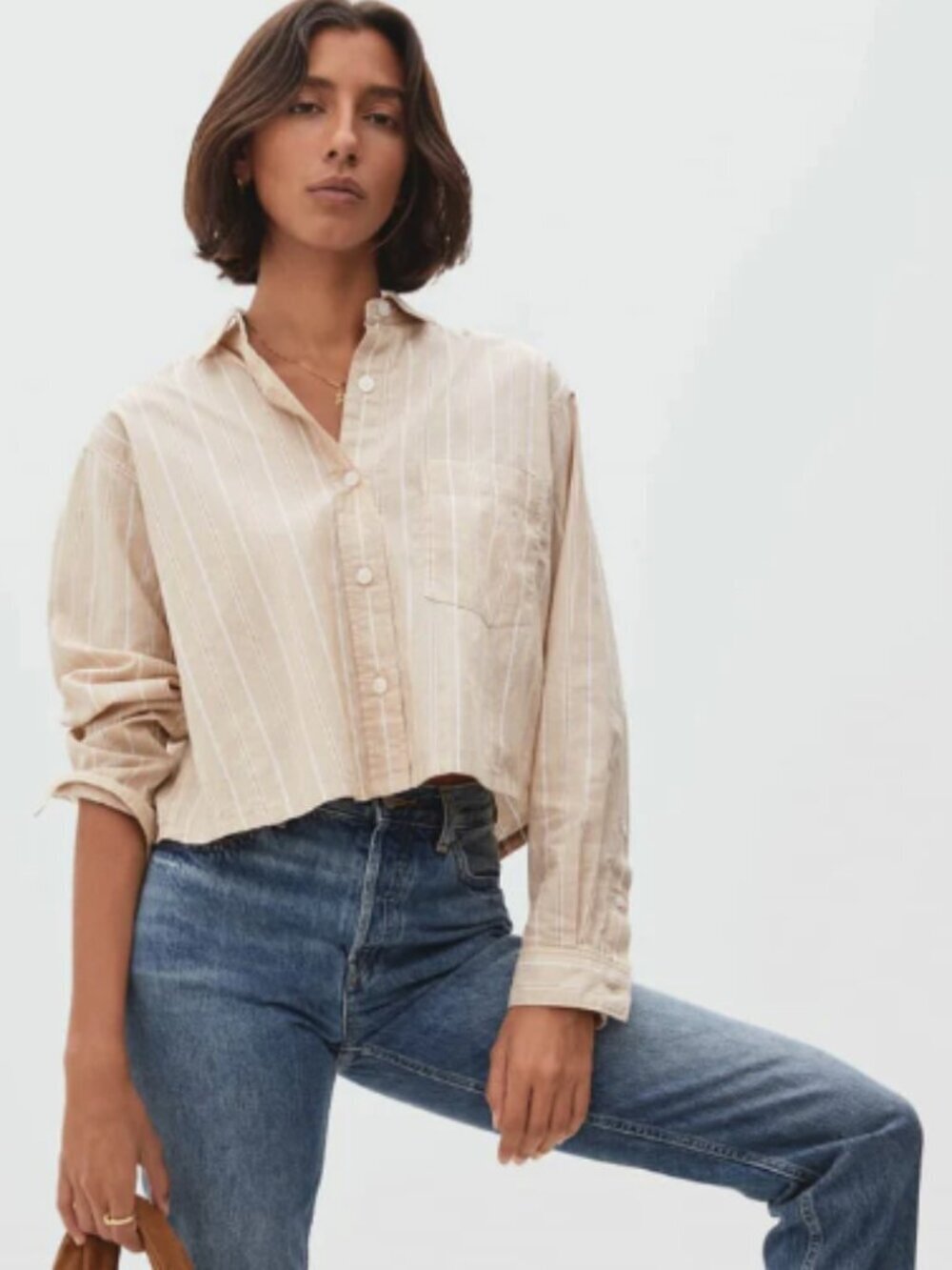 Everlane The Way Short Tan Button Up Shirt Shirt in Silky Cotton Size XS preppy